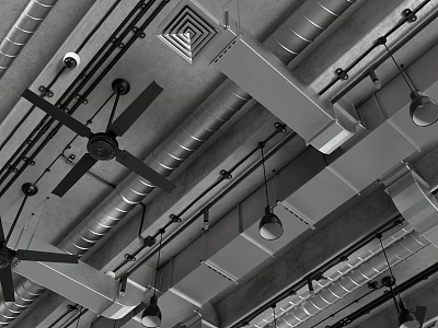 Metal Pipes Ceiling Design With Interconnected Layout And Ceiling Fans Pendant Lights 3d model