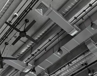 Metal Pipes Ceiling Design With Interconnected Layout And Ceiling Fans Pendant Lights 3d model