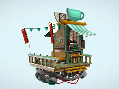 Cartoon Scene Floating Coffee Stand With Green Striped Awning Small Flags Wooden Platform Mechanical Support 3d model