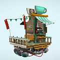 Cartoon Scene Floating Coffee Stand With Green Striped Awning Small Flags Wooden Platform Mechanical Support