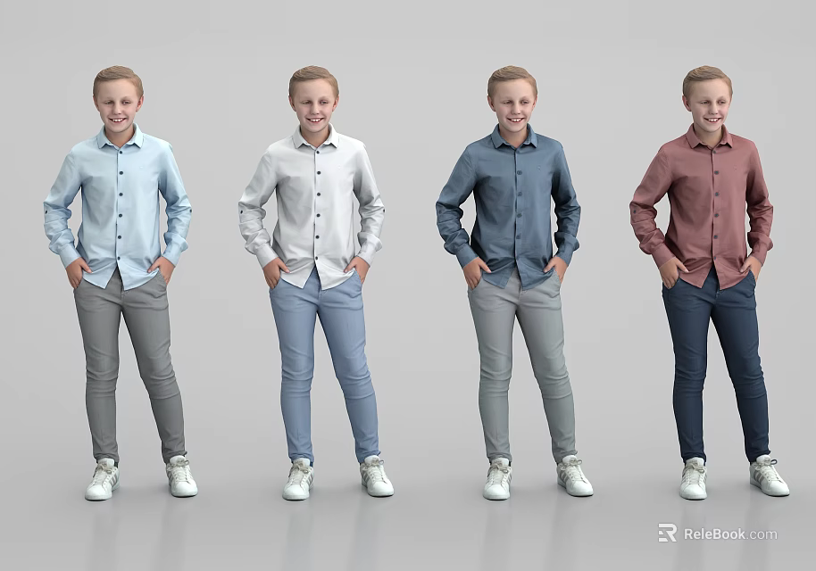Men Standing in Different Colored Shirts and Pants with White Shoes 3d model 
