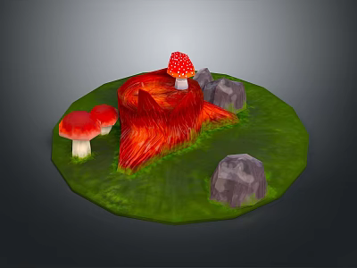 Wooden Tree Stump With Red Mushrooms And Stone Rocks On Green Grass 3d model