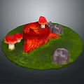 Wooden Tree Stump With Red Mushrooms And Stone Rocks On Green Grass