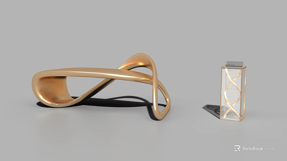 Golden Twisted Shape Object And Transparent DNA Double Helix Structure Cube 3d model