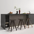 Elegant Dark Wooden Bar Counter Design With Three Stools Decorative Vase Fresh Fruits And Plant