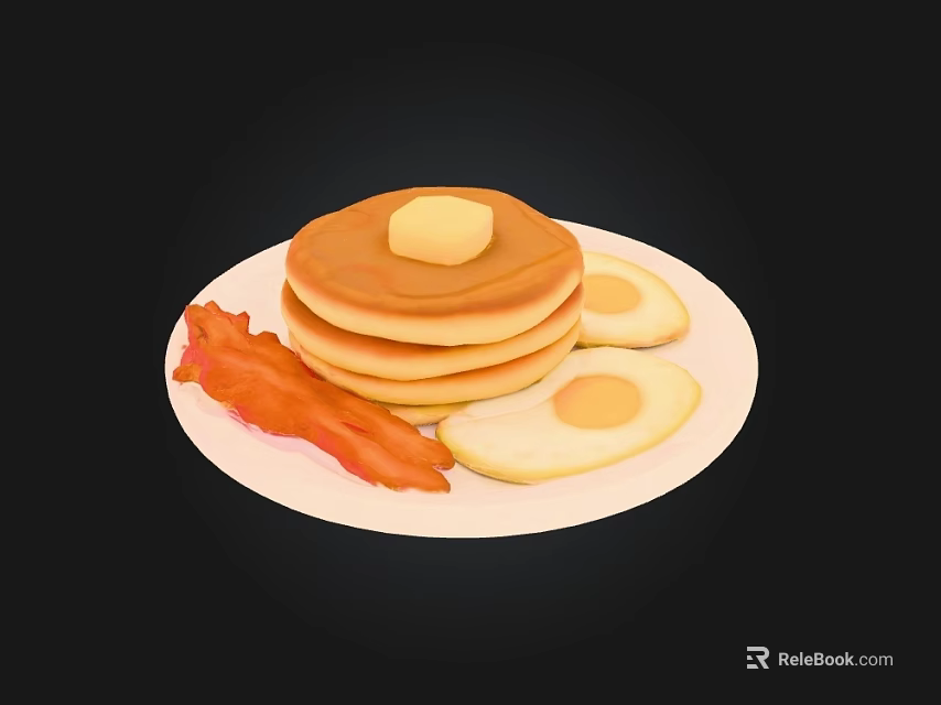Delicious Stack of Pancakes with Butter Bacon and Fried Eggs on White Plate 3d model 