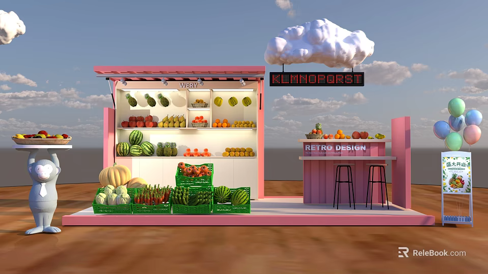 Pink Fruit Stall with Fresh Fruits Cloud Decor Side Table and Stools 3d model