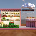 Pink Fruit Stall with Fresh Fruits Cloud Decor Side Table and Stools 3d model