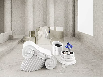 White Column Inspired Leisure Chair With Side Table And Blue Flowers In Modern Minimalist Space 3d model