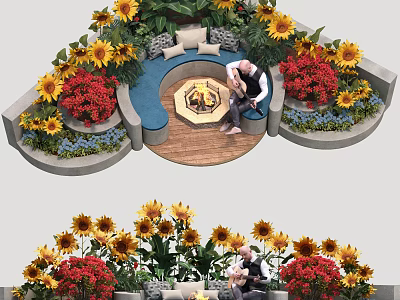 Comfortable Outdoor Chair In Circular Garden With Fire Pit Sunflowers And Red Flowers 3d model