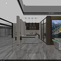 Spacious Modern Sales Office With Marble Floor Green Plants Sofas And Large Windows 3d model