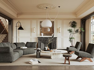 Warm Vintage French Living Room Interior With Velvet Sofas Marble Coffee Table And Classic Fireplace 3d model