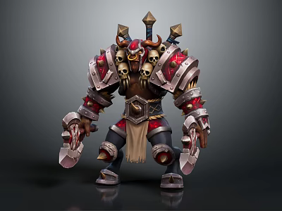 Horned Fantasy Warrior Character In Red Silver Armor With Skull Decorations And Dual Weapons 3d model