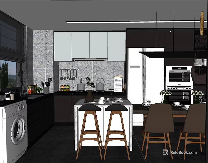 Modern Kitchen Interior With White Black Cabinets Island Counter Bar Stools And Dining Chairs 3d model 