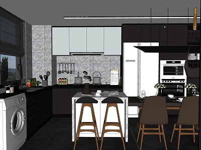 Modern Kitchen Interior With White Black Cabinets Island Counter Bar Stools And Dining Chairs 3d model