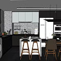 Modern Kitchen Interior With White Black Cabinets Island Counter Bar Stools And Dining Chairs