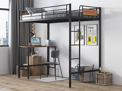 Modern Black Metal Bunk Bed With Desk Chair Storage And Room Interior 3d model