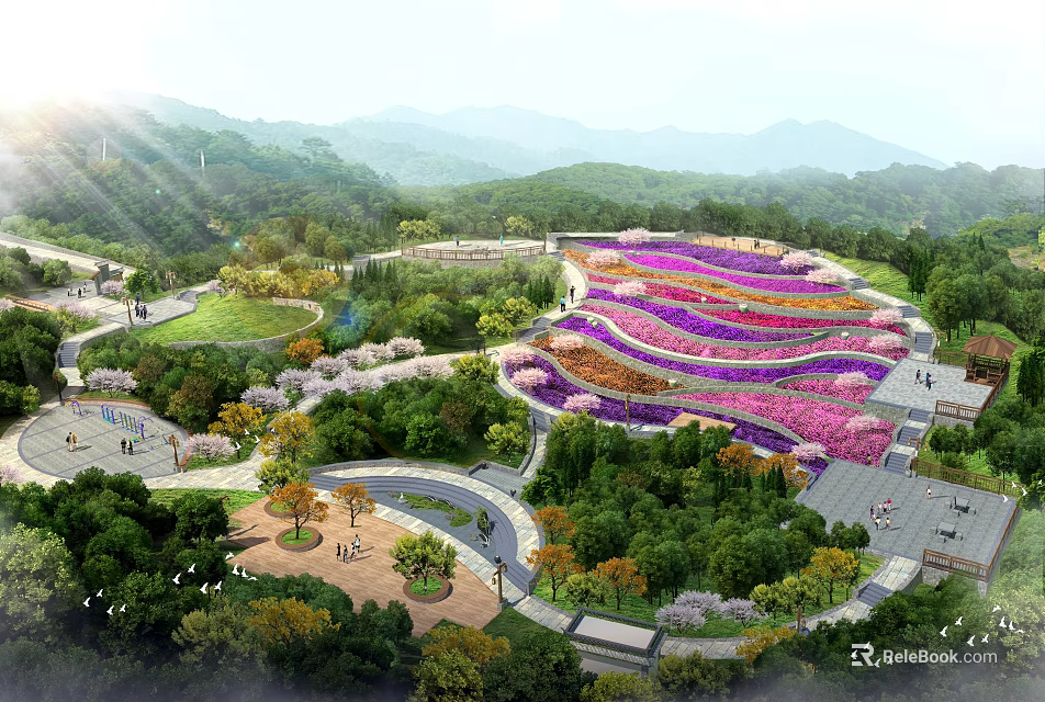 Park Landscape With Purple Pink Flower Fields Lush Green Trees Winding Paths Mountains Under Sunlight 3d model 
