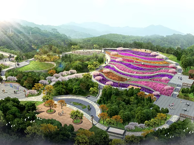 Park Landscape With Purple Pink Flower Fields Lush Green Trees Winding Paths Mountains Under Sunlight 3d model