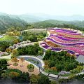 Park Landscape With Purple Pink Flower Fields Lush Green Trees Winding Paths Mountains Under Sunlight