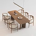 Modern Wooden Rectangular Dining Table With Six Chairs Pendant Light And Fruit Plate 3d model