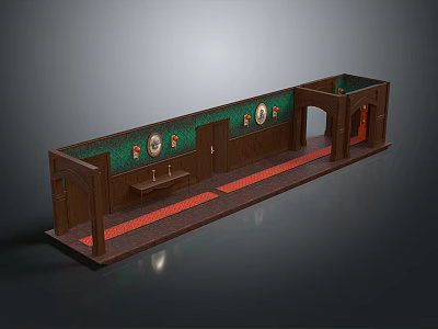 Classic Elevator Hallway with Wooden Panels Green Walls Red Carpet and Decorative Plates 3d model