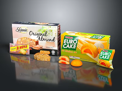 Skinny Original Almond Biscuits And Euro Cake Snacks Featuring Packaged Boxes And Loose Pieces 3d model