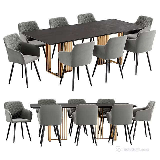 Elegant Modern Dark Dining Table With Gray Upholstered Chairs And Metal Legs 3d model 