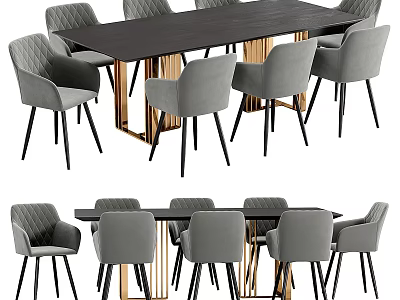Elegant Modern Dark Dining Table With Gray Upholstered Chairs And Metal Legs 3d model