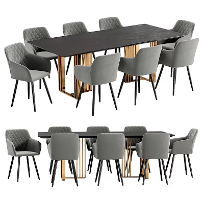 Elegant Modern Dark Dining Table With Gray Upholstered Chairs And Metal Legs 3d model