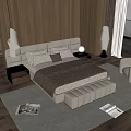 Modern Double Bed Bedroom Design With Wooden Wall Nightstand Lamp Bench And Armchair