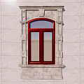 Red Window With Arched Top Marble Frame And Blue Sky On Gray Wall
