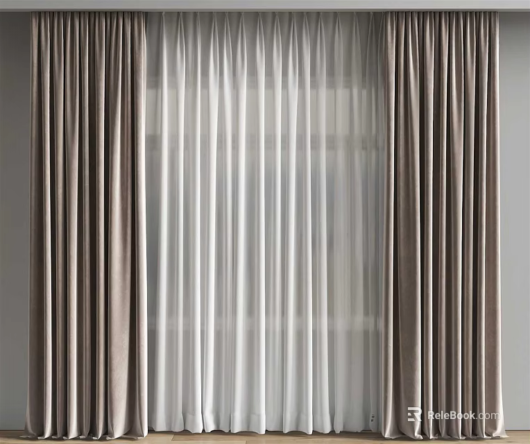 Modern Double Layer Curtains With Beige Fabric And White Sheer Panels For Window Decoration 3d model 
