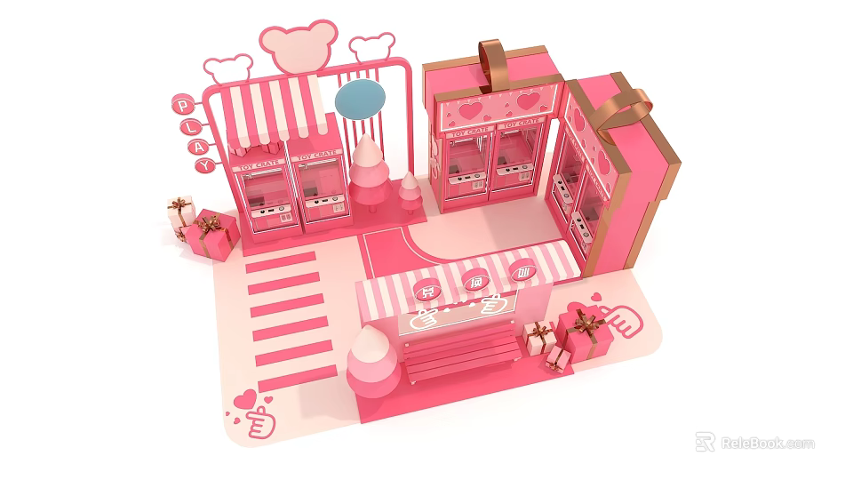 Pink Themed Sweet Shop With Counter Gift Boxes Bear Ears And Heart Stripes 3d model 