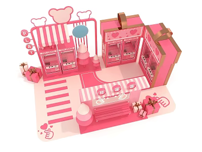 Pink Themed Sweet Shop With Counter Gift Boxes Bear Ears And Heart Stripes 3d model