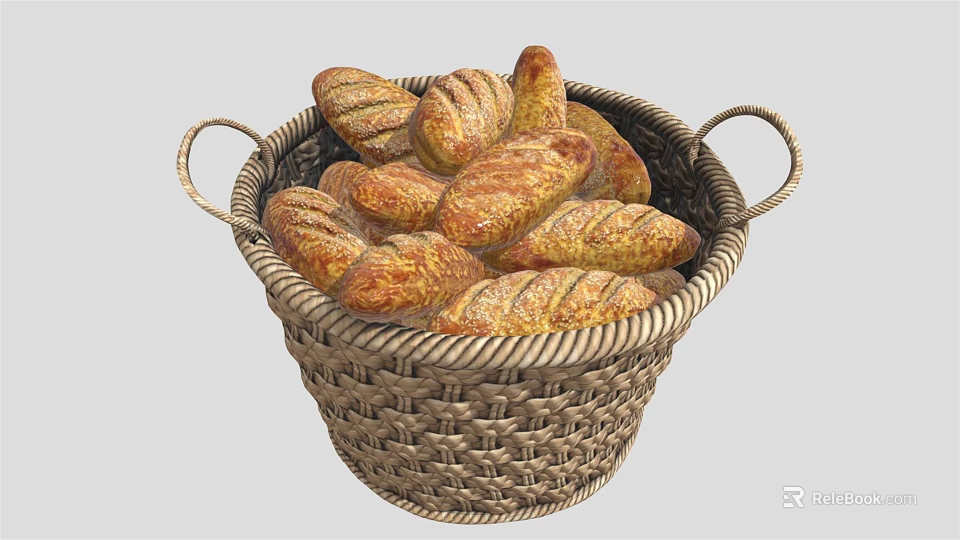 Wicker Basket Filled With Fresh Artisanal Bread Loaves For Kitchen Use 3d model