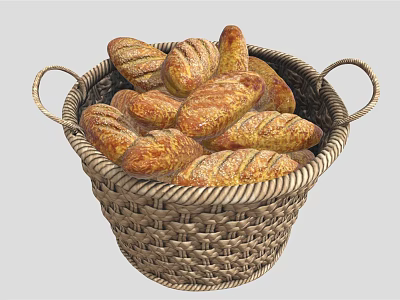Wicker Basket Filled With Fresh Artisanal Bread Loaves For Kitchen Use 3d model