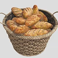 Wicker Basket Filled With Fresh Artisanal Bread Loaves For Kitchen Use 3d model
