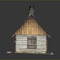 Log Cabin With Red Tile Roof Chimney Wooden Walls Door Windows And Snowy Ground