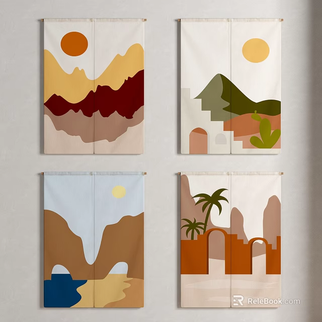 Kitchen Curtains Featuring Geometric Natural Landscape Mountain Sun Palm Tree And Arch Designs 3d model 