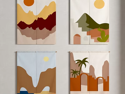 Kitchen Curtains Featuring Geometric Natural Landscape Mountain Sun Palm Tree And Arch Designs 3d model