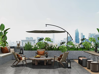 Villa Balcony Outdoor Lounge Area With Cantilever Umbrella Coffee Table Green Plants And City Skyline View 3d model