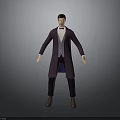 Man In Purple Long Coat With Vest Bow Tie Black Pants Brown Shoes Gray Background