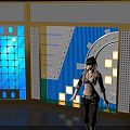 Anime Character In Stylish Outfit Standing By Blue White Geometric Display With Dashboard Design
