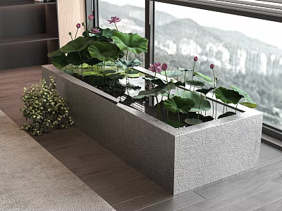 Indoor Stone Container With Lotus Plants And Greenery Near Window 3d model