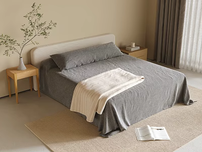 Minimalist Double Bed With Gray Bedspread Beige Blanket Wooden Nightstand Potted Plant And Woven Rug 3d model
