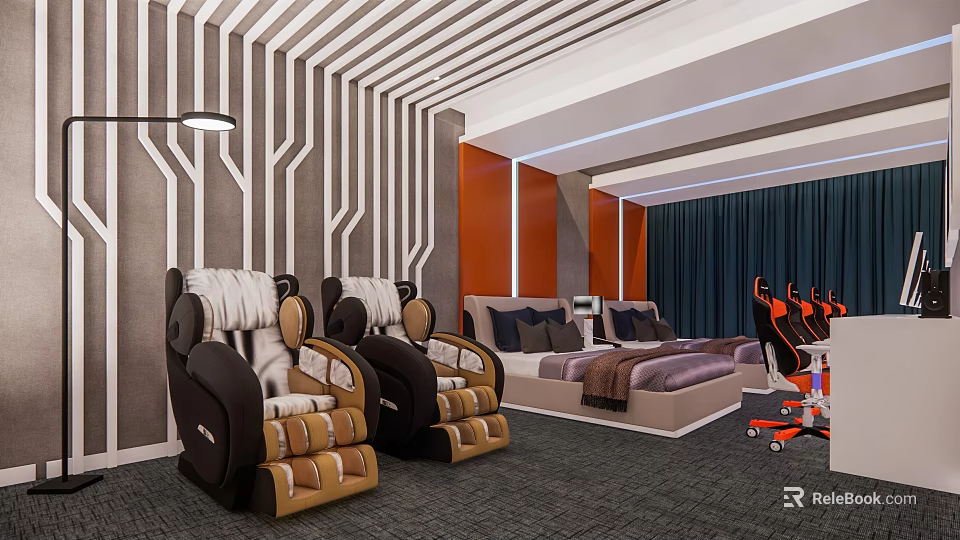 Hotel Room Interior With Modern Design Massage Chairs King Bed And Gaming Chairs 3d model 