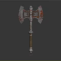 Vintage Double Bladed Metal Axe Weapon With Wooden Handle And Metal Accents