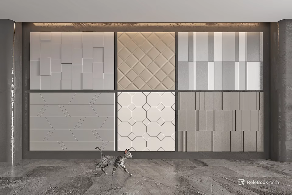 Modern Upholstered Wall Panels Interior Design With Various Geometric Patterns And Neutral Gray Tones 3d model 