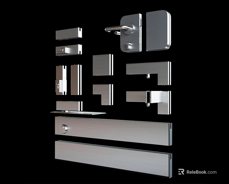 Assorted Stainless Steel Hardware Tools Including Door Handles Locks Hinges And Metal Plates 3d model 